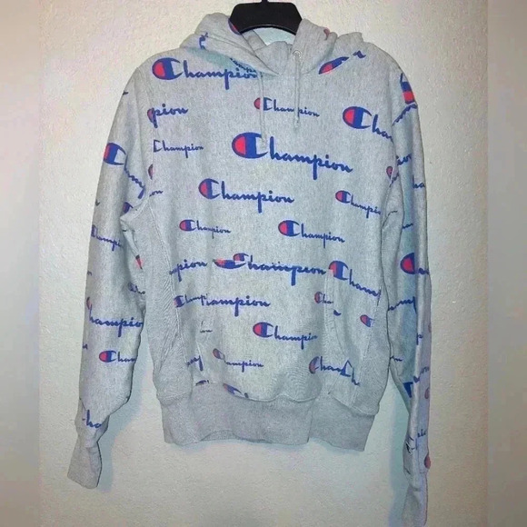 CHAMPION Reverse Weave Hoodie Mens M Sweatshirt All Over Print Sweater Gray - Picture 1 of 9
